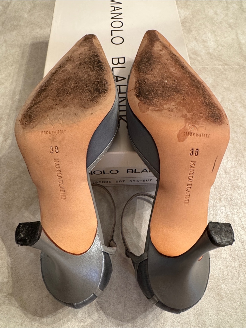 Manolo Blahnik Silver-Gray Satin Pointed Toe Ankle-Strap Heels - Picture 5 of 9